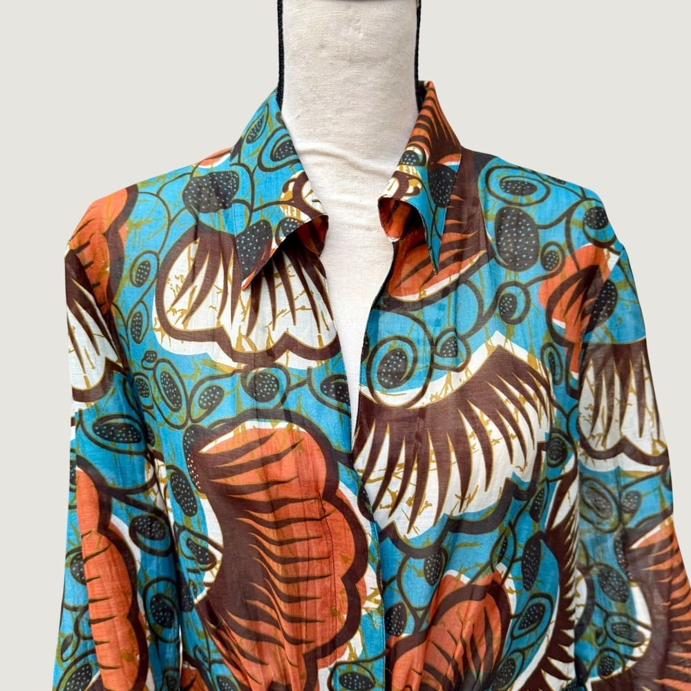 Lafayette 148 New York Abstract Floral Tie Front Blouse Turquoise Brown Size 18